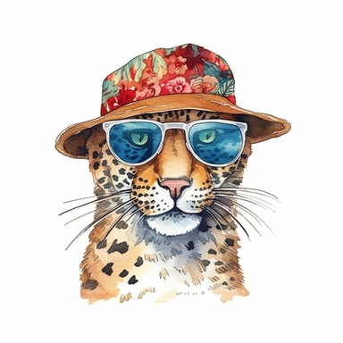 watercolor jaguar cat clip art, sunglasses, birthday hat, in the style of whimsical storytelling, storybook illustration minimal, graphic illustration, matte colors, 2d flat, vector, transparent background