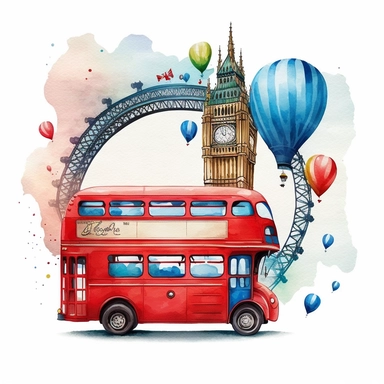 a pixar cartoon red double decker bus with rounded edges driving past perspective view of tower bridge London eye big ben red blue gold balloons an buntings Etsy watercolor clipart svg white background