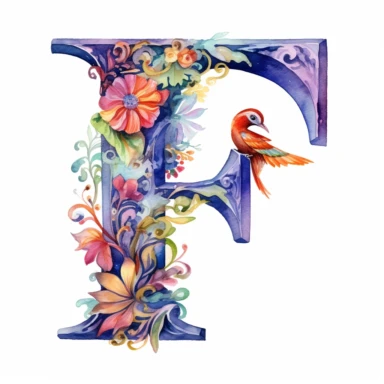 Watercolor illuminated initial, letter F, Clipart, F, witchy, magical, whimsical, white background, png