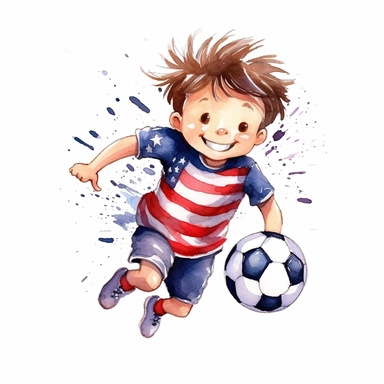 cute Watercolor cartoon happy team USA soccer player, clipart, white background