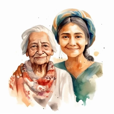 smiling old mexican mom and adult mexican daughter with watercolor effect, realistic faces, mothers day, suitable for digital clipart, magic scene, white background