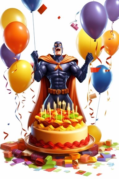 Generate a realistic clipart image of a superhero character's birthday celebration. Show the superhero character blowing out candles on a birthday cake while surrounded by balloons and streamers. Include a festive party atmosphere with a white background.