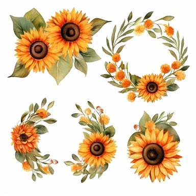 Watercolor Sunflowers Clipart, sunflower wreath, fall sunflower floral bouquets in PNG format instant download for commercial use