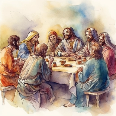 water color, The Last Supper: Create a scene of Jesus Christ and his disciples gathered around a table, sharing bread and wine, with a somber and holy atmosphere, clipart