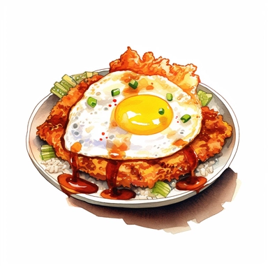 Katsudon (deep-fried pork cutlet with egg over rice) watercolor clipart in white background