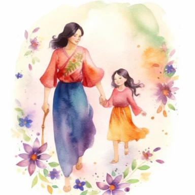 Watercolour illustration, A beautifu mexican Mom and Me Watercolor, Clipart, High Res, Mother's Day, Mother's Love, waterpaint, fresh colors, happy, white backgroundm, simplified Art Nouveau, walking, enchanted forest, front to camera, version 4 style, high detailed, sharp