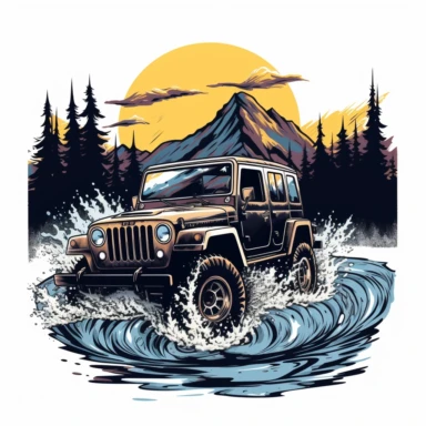 create a png format of a black Jeep splashing in a river with big mountains in the background clipart