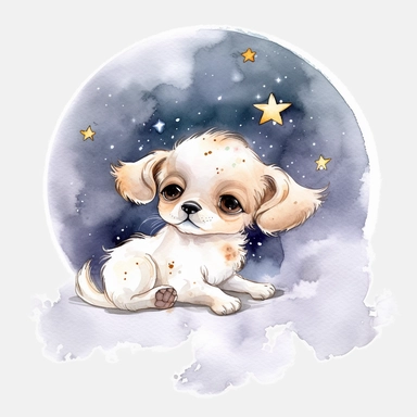 watercolor Cute big eyes puppy sleeps on crescent moon bed Surrounded by twinkling stars, sweet dreams vividly bold designs png realistic cartoon in 32K UHD cute. 15 cm thick outline. There was no shadow on the ground. 8k with realistic watercolors. and detailed illustrations. PNG clipart , transparent white background