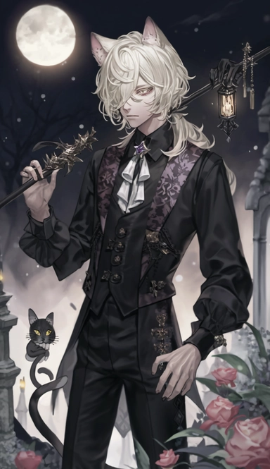 solo, ivory hair, beautiful young boy, decadence, gloomy garden, torches, ikemen, dark skin, hair clip, detailed ornamentation, gray and pink eyes, pink ribbon tie, ivory Modern Mullet hair, ribbon tie ponytail, long bangs, brown shirt, black vest and black pants suit, snow leopard, cat ears, Gothic and antique, botanical art