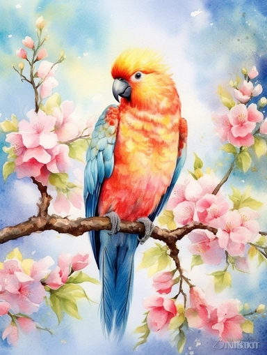 A cute happy parrot sitting proudly on a spring branch, looking off into the camera, with a few spring blossoms and leaves framing the scene, vivid colors, watercolor by Thomas W. Shaller, clipart, solid background, 8k