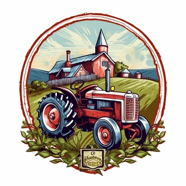 Logo of a tractor with a farm in the background, detailed and realistic, tarot style, paint art style, clipart, white background
