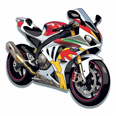 Sticker, clipart, bright colors, left to right frontal photo of sport bike Aprilia RSV4,high details, high details,contour, vector, white background, white outline, circle frame.