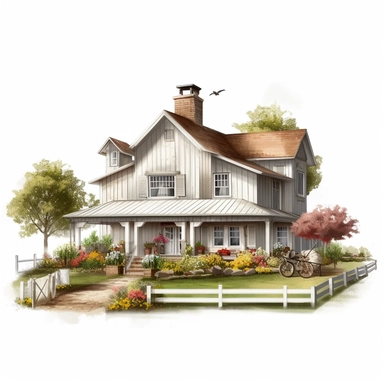 farm house photorealistic clipart,on white background with margins