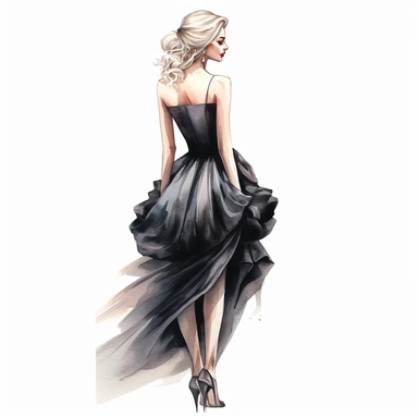 Watercolor full body girl wearing black elegant party dress drawing, illustration clipart, high detailed, white background, digital art