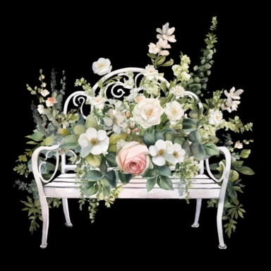 a set of unique EFFERVESCENT watercolor-style clip art images of white garden bench against a black background, The overall mood of the images should be a fantasy floral wonderland, with a focus on the beauty and fantasy of gardening and beauty, and the elegance of blush roses and whimsical designs. single design clip art, think French garden in the springtime, watercolor blush rose Garden Clipart, in the style of Leonid Afremov, each image must be on a black background with margins, each image 