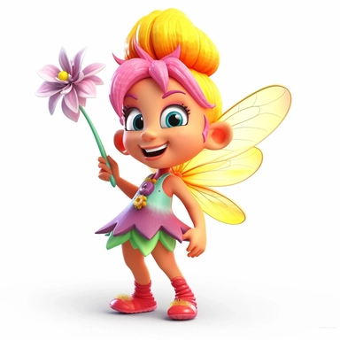 A 3D brightly colored cartoon character design of a tiny talking and laughing fairy with butterfly wings, wearing a flower dress, and a wand, with high detail, clipart, white background