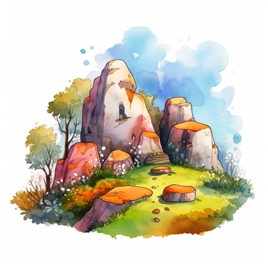 Create One clipart inspired by rocks on hill: The clipart exudes a cozy ambiance, with a sense of warmth and tranquility. , discovering its secrets and.cozzy watercolor style. in 4K. so it can be used in fantasy books. beautifull coloring