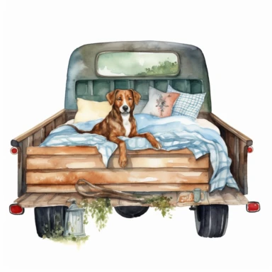 watercolor old farm truck with happy dog in bed, clipart, white background