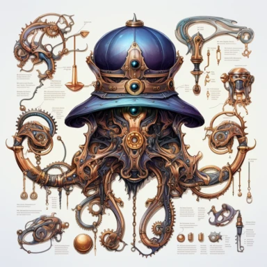 Steampunk octopus prototype, full body, watercolor, gears, pinions, calipers, clocks, rivets, top hat, clipart, duo tone, realistic, ultra resolution, vivid detail, 8k, minimal watercolors, white background