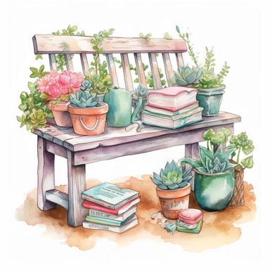 watercolor, hyper realistic, white background, white margins, 16k, ultra detailed clipart, cut out image, hand-drawn, whimsical, sticker style a peaceful garden corner with a wooden bench and a coffee table, a potted plant, and a stack of books. The color theme is pastel greens and pinks, with white flowers.