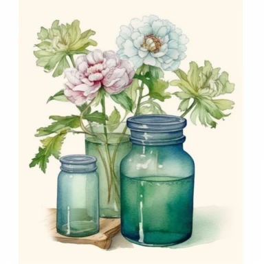 green glass without lid Jars full of flowers ,watercolor, cottage core,peony painted by ann buccarelli,insanely high quality, watercolor , white background, clipart, vintage, realistic,8k--q 2