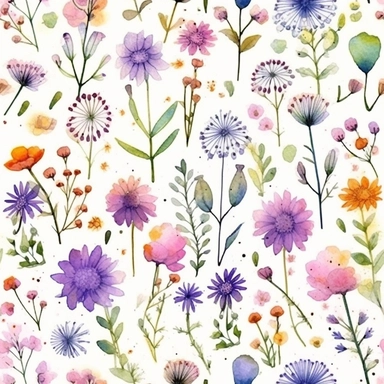 flora, flowers, Watercolor, vector, white background, clipart, Seamless patterns, repeating patterns design, flat illustration, outlined , Vector, 4K, Art station, digital print, highly detailed clean, A detailed illustration a field,3D vector art, cute and quirky, fantasy art, watercolor effect, bokeh, Adobe Illustrator, hand-drawn, digital painting, low-poly, soft lighting, bird's-eye view, isometric style, retro aesthetic, focused on the character, 4K resolution, vector image, photorealistic 