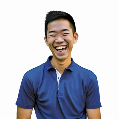 photo-realistic happy Asian man, age 25, wearing a royal blue polo shirt, laughing at a funny joke:3 on white background for vector clipart