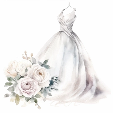 watercolor elegance Wedding dress clipart, with white roses, charming jewelry, hd, isolated on white background, space out