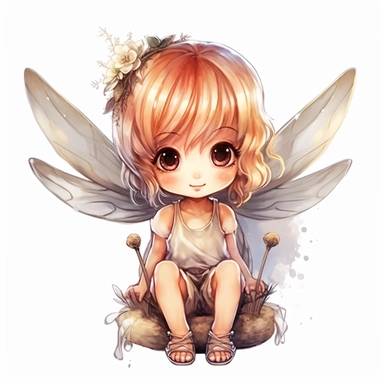 chibi little girl, big eyes, dressed as a fairy with wings on her back, beautiful and happy, she is sitting and head is turned towards camera, very detailed and realistic, watercolor, white background with margins, clipart style