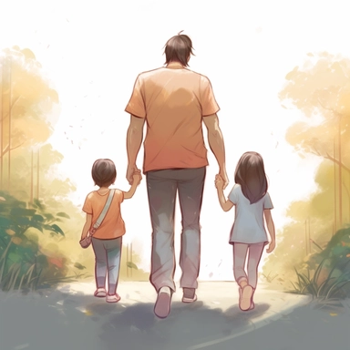 view of back, father holding daughter and boy hand walking away. Watercolor Clipart, strybk, full Illustration, chibi kawaii, 8k, sharp focus, watercolor, smooth soft skin, symmetrical, soft lighting, detailed face, concept art, muted colors, children's style fairy tales, Octane rendering, 3D, Craig Davison, Aubrey Beardsley, Conrad Roset, Aikut Aidogdu, Agnes Cecil