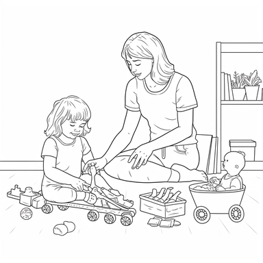 coloring page for kids of a mother and a child playing with toys, full body view, white neutral background, clean line art, low details , 1,5px thick black lines, simple clipart. simple