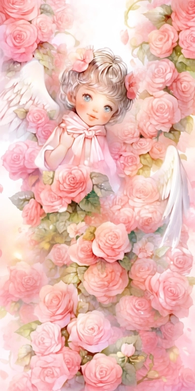 Watercolor beautiful wild roses fantasy art, Soulmates, a couple, Angel girl and boy with beautiful face and perfect eyes with flowers, angel wing, chibi kawaii animated style, vivid vibrant colors, intricate detail, hyper detailed, hyper quality, 32K, unreal engine, isolated on white background, kawaii, clipart