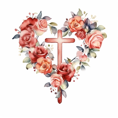 watercolour Cross clipart with hearts and roses, white background, no text