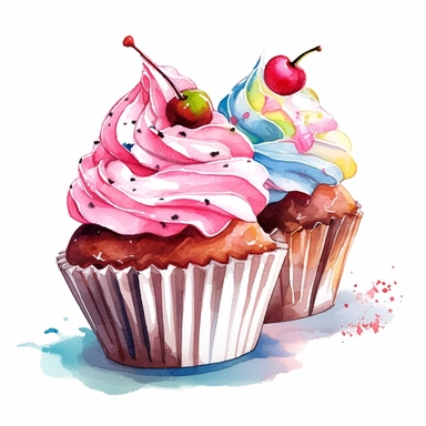 cup cakes with ice cream hd, on white background clipart water colour--ar 3:2