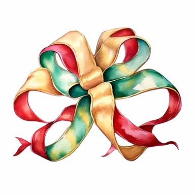watercolor clipart of Christmas ribbon, vintage red green gold colors, isolated on white background