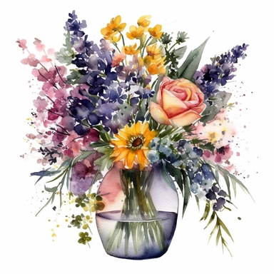 Immerse yourself in the beauty of a vibrant flower bouquet that showcases a captivating mix of ammi, solidago, asters, delphinium, spray roses, callistephus, and limonium. This exquisite clipart features the bouquet arranged in a glass vase against a clean white background. The wet watercolor art technique brings a sense of fluidity and depth to the illustration, while the sharp brush strokes add definition and detail. With high-definition (HD) quality, every petal and leaf is rendered with prec