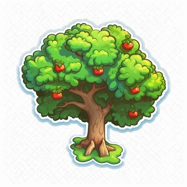 Isometric Sticker Clip Art of Apple Tree, children friendly, illustrated in a playful style, perfect for any special occasion, cut out in the shape of an Apple Tree, with no visible background, giving it the appearance of a sticker, conveying a mystical and whimsical mood, edited with Adobe Photoshop to adjust brightness and contrast, rendered as a transparent PNG file with a high resolution to ensure a crisp and clear image with no pixelation, suitable for various applications such as scrapbook