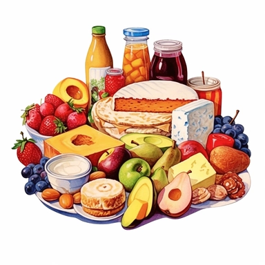 watercolor healthy foods for your life round design illustration, in the style of hyperrealistic paintings, made of cheese, elaborate fruit arrangements, associated press photo, les nabis, biblical iconography, gouache Clipart desert cartoon t-shirt graphic, vector, contour, isolated on a white background