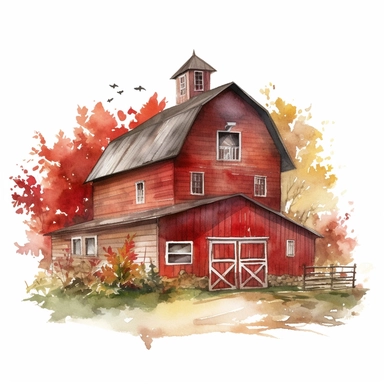 vector watercolor red barn in autumn clipart on white background, red barn in autumn colors, reds and greens, photorealistic, ultrarealistic,no background, on white