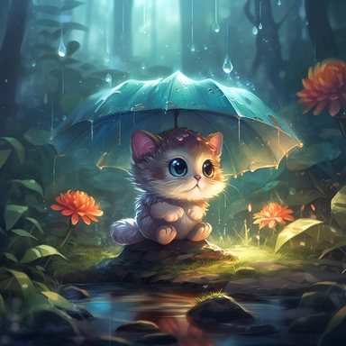 Enchanting, high-quality splash art of an adorable( baby kitty:1.1) up close sitting under (toadstool:1.1) (mushroom:1.1) shaped like an umbrella in an (enchanted forest:1.1) in the (rain:1.1) dark shadows, deep contrast, (bioluminescence:1.1), magical, mystical, intricately detailed scene, (soft pastel colors:1.1) with a touch of (bright colors:1.1), wet muddy ground, puddles, fantasy-inspired art,masterpiece, award winning, digital artwork, Clip Studio Paint, rich colors, painterly texture, tr