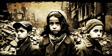 Creative graphic design, design, Small little jewish kids very thin, standing in front of the camera in the back The jewish WW2 the year is 1942, Very thin and poor people walking in the middle of a destroyed street in Warsaw, Huge destruction and devastation, dead people, dark sky, no hope, and the Resurrection, sepia colors, black and white, dark, deep pain, people in tremendous suffering, EPIC, Dark collage, clipart, graphic, illustrations, 16K