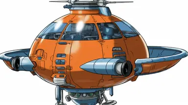 A simple clipart of a low-level flying machine with a military air, similar in structure to a flying saucer, with a glass shroud at the top and a device that emits electromagnetic waves for attack at the bottom, using mainly orange, white and blue colors,