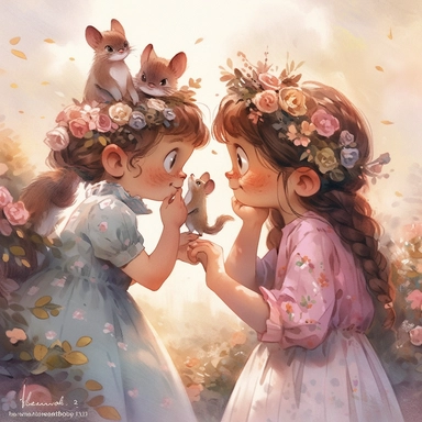 2 girls, squirrel girls, Little girl exploring, rainbow and flowers, illustration for book, children's book, 2 clipart, fiorucci angels, beautiful decoupage paper, pastel colors, clipartm, fantasy art, squirrel ears, perfect eyes, detailed body, Watercolor Clipart, strybk, full Illustration, 4k, sharp focus, watercolor, smooth soft skin, symmetrical, soft lighting, detailed face, concept art, watercolor style, strybk, children's style fairy tales, chibi kawaii, Octane rendering, 3d. Perfect face