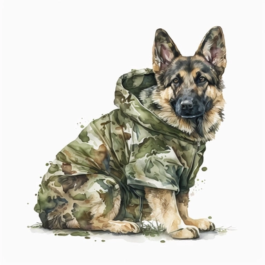 german shepherd dog wearing camouflage clothing, sublimation, watercolour, clipart, white background