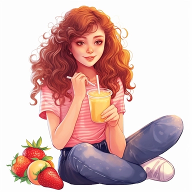 realistic a cute girl long curly hair sitting and drinking strawberry lemondage illustration clipart white background