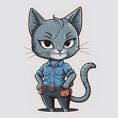 small cute anthropomorphic Chibi Russian Blue cat animal, dressed like a woman, wearing jeans and t-shirt, clipart, in sticker style, in comics style, cell shading