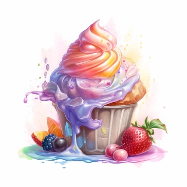 a drawing of a dessert featuring candy and whipped cream, in the style of pastel toned, shiny/glossy, colorful fantasy realism, caffenol developing, warmcore, #screenshotsaturday, rubens, white background, isolated, free brushstrokes, watercolor illustration, clipart,
