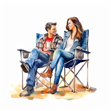 a happy young couple sitting in camping chair, feeling love and happiness, watercolor clipart, no background