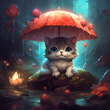 Enchanting, high-quality splash art of an adorable( baby kitty:1.1) up close sitting under (toadstool:1.1) (mushroom:1.1) shaped like an umbrella in an (enchanted forest:1.1) in the (rain:1.1) dark shadows, deep contrast, (bioluminescence:1.1), magical, mystical, intricately detailed scene, (soft pastel colors:1.1) with a touch of (bright colors:1.1), wet muddy ground, puddles, fantasy-inspired art,masterpiece, award winning, digital artwork, Clip Studio Paint, rich colors, painterly texture, tr