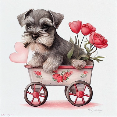 Cute Miniature Schnauzer Puppy valentine, heart wagon, blush tones, Lilla Rogers agency, watercolor, roses, cupid, fairytale, folkart, clipart, white background
